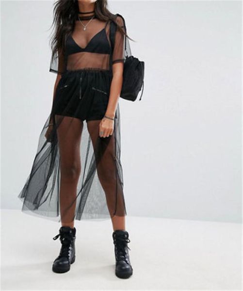 

women's t-shirt women black gauze mesh sheer t shirt long shirts casual loose t-shirts transparent short sleeve, White
