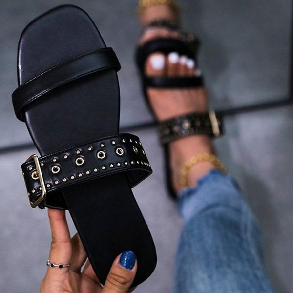 

slippers women summer narrow band female low heel casual buckle sandals for girl outdoor flat soft fashion shoes luxury big size, Black