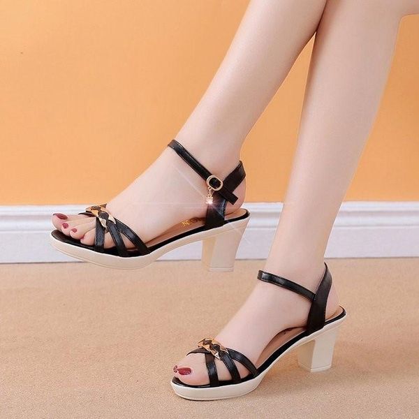 

2021middle-heeled sandals summer open toe buckle women's shoes thick-heeled, Black