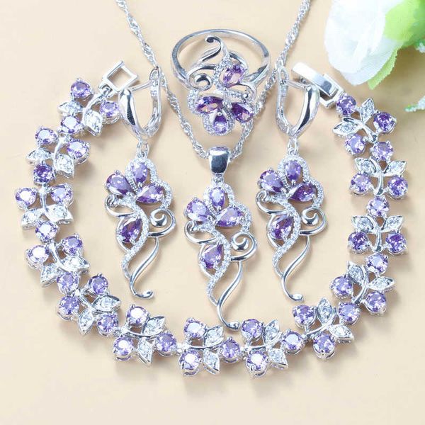 

natural purple crystal perfect wedding costume 6-color jewelry sets for women earrings/pendant/necklace/ring/bracelet h1022, Silver