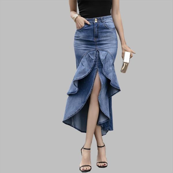 

high street summer jeans womens skirt ruffles long irregula denims fashion waist bodycon slim split, Black