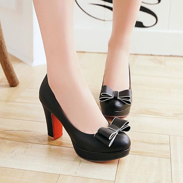 

shoes women's high heels wedding party platform dress bow decoration large size 46, Black