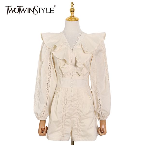 

white patchwork ruffle jumpsuit for women v neck long sleeve high waist elegant jumpsuits female fashion new 210428, Black;white