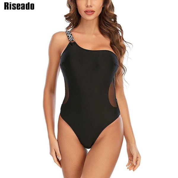 

two-piece suits riseado one shoulder piece swimsuit mesh women's swimwear 2021 black bodysuit female plus size bathing xxl summer