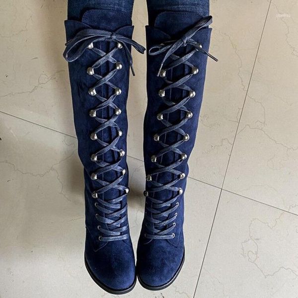 

boots vintage rivet high heels knee women 2021 faux suede lace up ladies long pointed toe plus size shoes 4311, Black