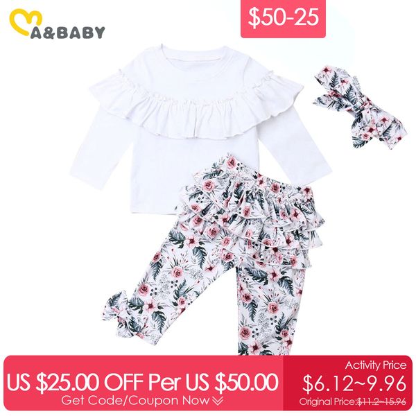 $ 50-25 0-5Y Primavera flor criança criança criança meninas roupas set ruffles branco tops bow calças roupas 210515