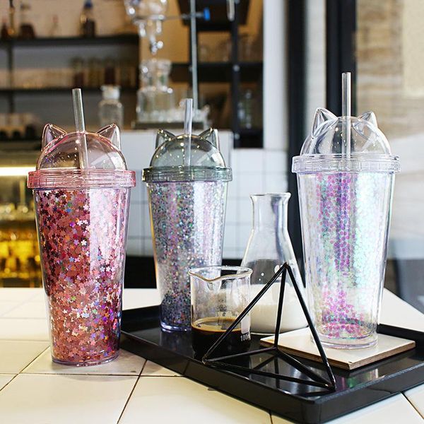 

mugs plastic cup with straw sequin double layer water bottle cat ear cute tumbler for birthday gift summer drinkware drop