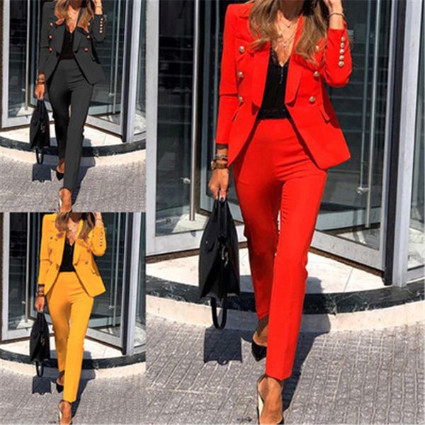 Mulheres sólidas cores blazers moda tendência manga longa cardigan tops calças ternos designer feminino feminino fit lapel casual dois peças conjuntos