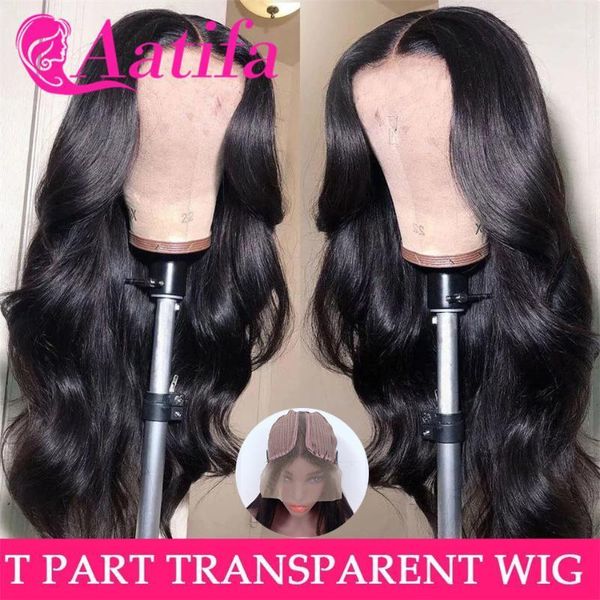 

transparent t part lace wig body wave human hair 13*1 pre plucked for women brazilian frontal wig1, Black;brown