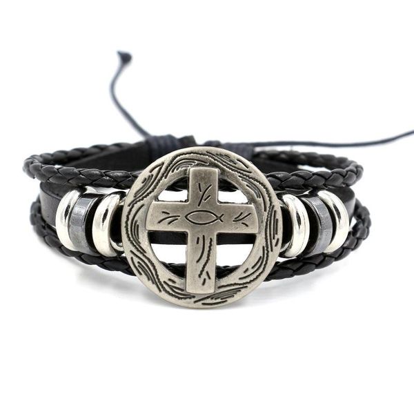 

classic vintage multilayer leather bracelet men jewelry gift punk style jesus christ round cross 2021 trendy fashion beaded, strands, Black