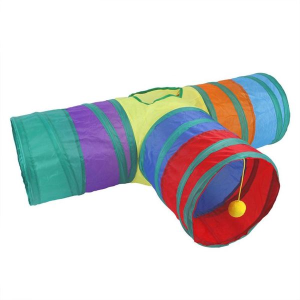 

cat toys collapsible rainbow tunnel interactive cats tube 3-way up with hanging entertainment for