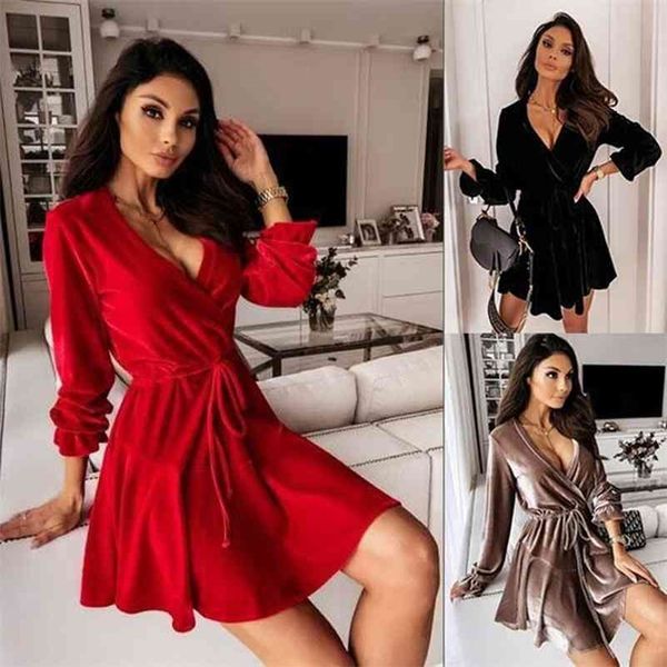 

autumn and winter velvet slim v neck solid color dress women elegant party club lace up mini dress femme robe vestidos 210323, Black;gray