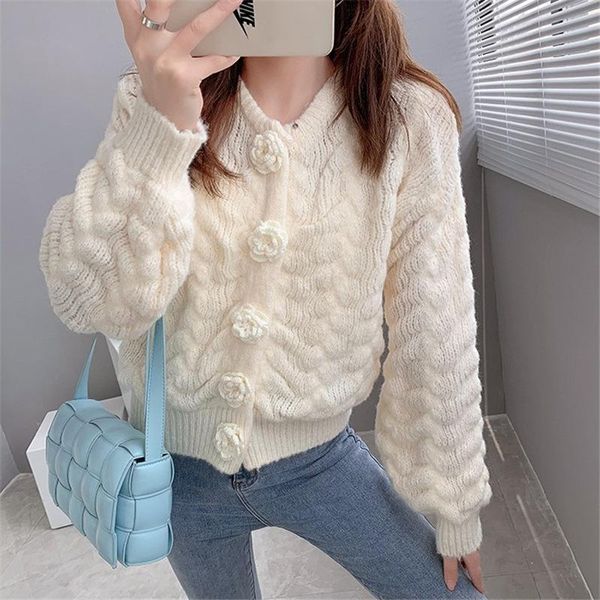 

women's knits & tees herstory sweater female autumn 2021 stereo flower buttons sweet long sleeve knitted cardigan outwear, White