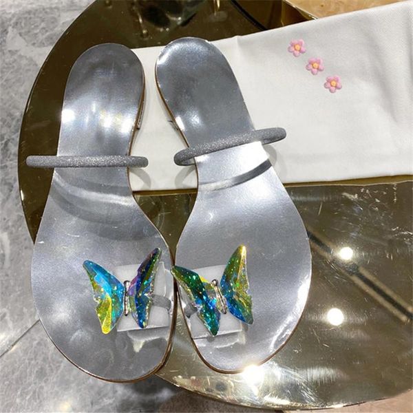

slippers crystal butterfly decor women summer sandals beach shoes woman cute outside slides flip flops flat, Black