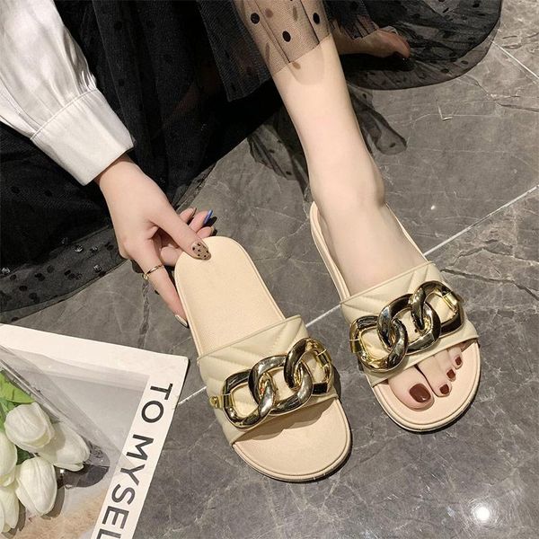 

slippers sandals woman 2021 candy colors flat metal round toe ladies casual shoes slip on female footwear plus size summer, Black