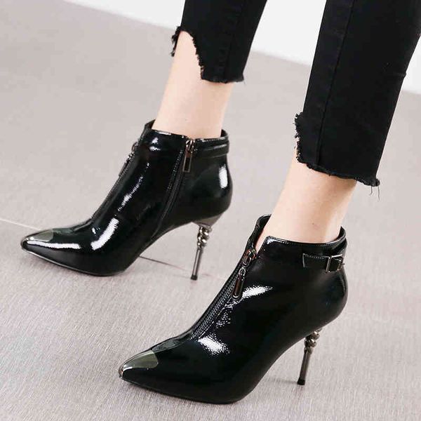 

boots pointed thin ny stiletto heels patent leather fashion short tube bare boots female autumn and winter, Black