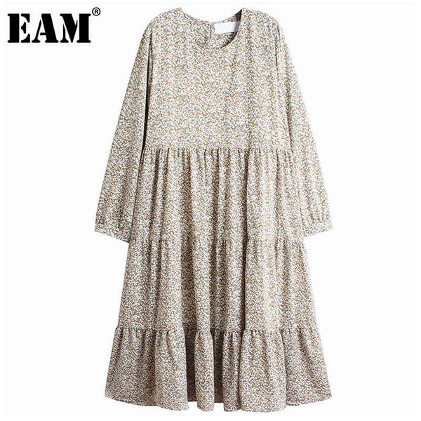 

[eam] women green pattern printed big size dress round neck long sleeve loose fit fashion spring autumn 1dd7778 21512, Black;gray