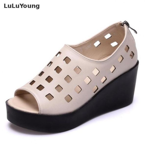 

summer women genuine leather hollow out wedges high heel shoes sy-2824 dress, Black