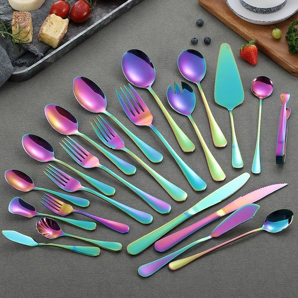 

complete tableware set stainless steel cutlery spoon fork knife dinnerware dinner kitchen flatware rainbow sets