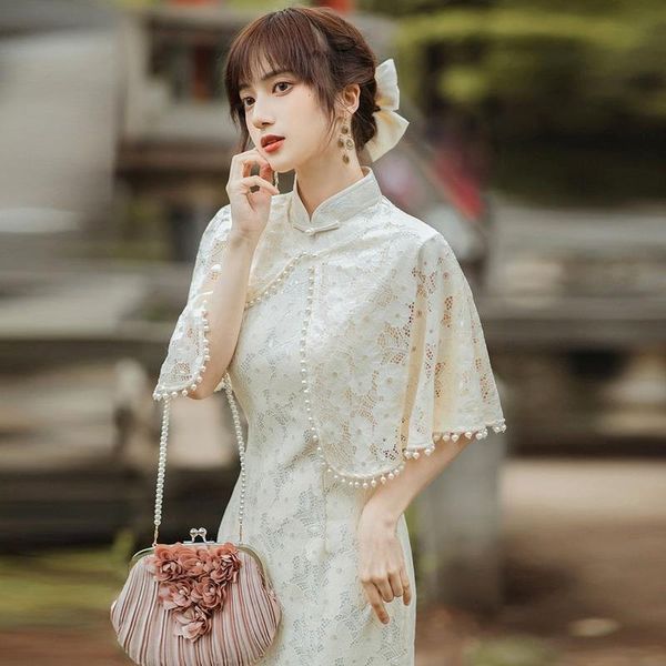 

ethnic clothing 2021 summer daily young seto with lace cheongsam two piece set chinese dress qipao modern, Red
