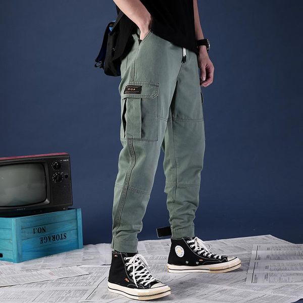

autumn hip hop pant style casual long pants men's cargo simple versatile pockets drawstring full length k006, Black