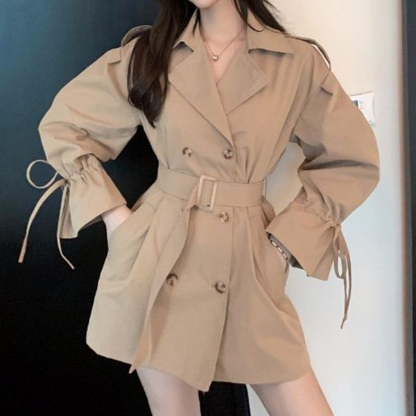 

women's trench coats [ewq] autumn 2021 ladies long-sleeved coat belt double-breasted fashion lapel loose all-match windbreaker women qb, Tan;black