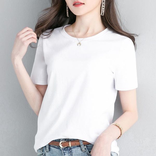 

women's t-shirt 2021 summer loose short-sleeved girl cotton round collar student solid color woman, White