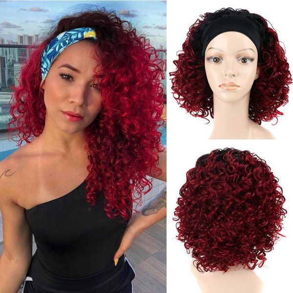 

synthetic wigs short afro kinky curly headband wig red white blonde for black women fake hair cap 14inch
