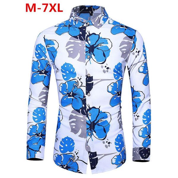 

men's casual shirts koszula autumn man vintage shirt men flowers print long sleeve oversized slim fit office 5xl 6xl 7xl, White;black