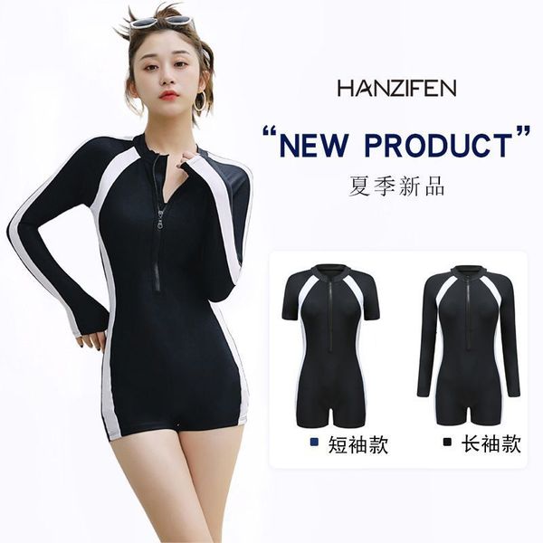 

piece sports one conservative new spring 2021 long sleeve solid color women's swimsuit, White;black