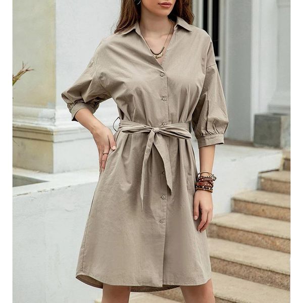 

casual dresses hadara turn down collar three quarter women fashion tie belt dress elegant knee length female ladies, Black;gray