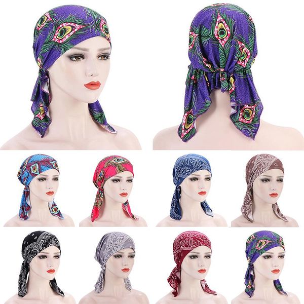 

scarves baotou cap elastic urved cashew print turban four seasons feather muslim women chemotherapy, Blue;gray