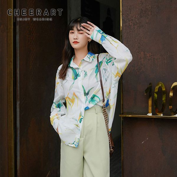 

hawaiian shirt women long sleeve blouse loose baggy casual floral print button up collared summer fashion 210427, White