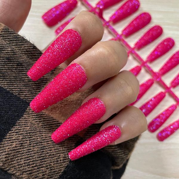 

false nails 1 pc glisten set full cover long ballerina french nail coffin fake art tips manicure accessories, Red;gold