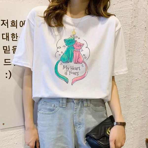 

women's t-shirt 2021summer women loose fashion student o-neck ladies tee casual print cotton female short sleeve, White