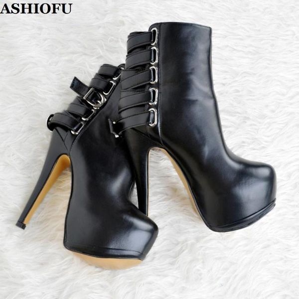 

boots ashiofu handmade ladies high heel real pos club platform party ankle buckles-deco evening fashion boot shoes, Black