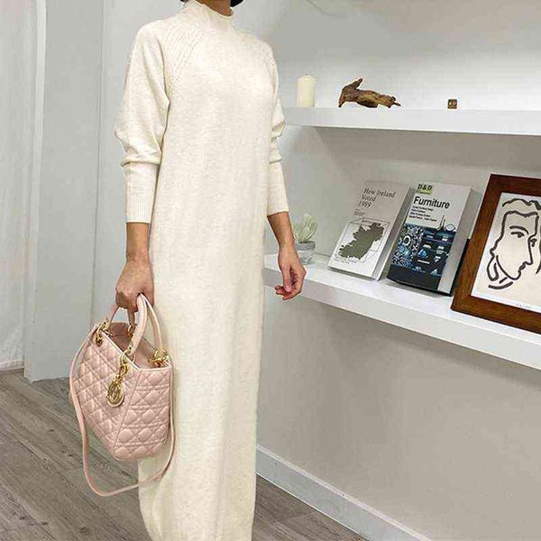 Novo Coreano Longo Cashmere Dress Mulheres Outono Inverno Longa-manga O-pescoço Camisola Vestidos Vintage Oversized Woolen Knitwear Y1204