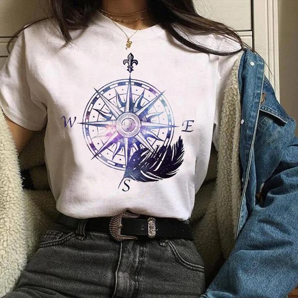 

graphic feather compass vintage womens mujer camisetas casaul print clothes lady tees female, White
