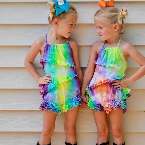 

jumpsuits baby girl summer clothes romper toddler girls suspenders ruffle backless tie-dyed one piece jumpsuit strap halter playsuits, Blue