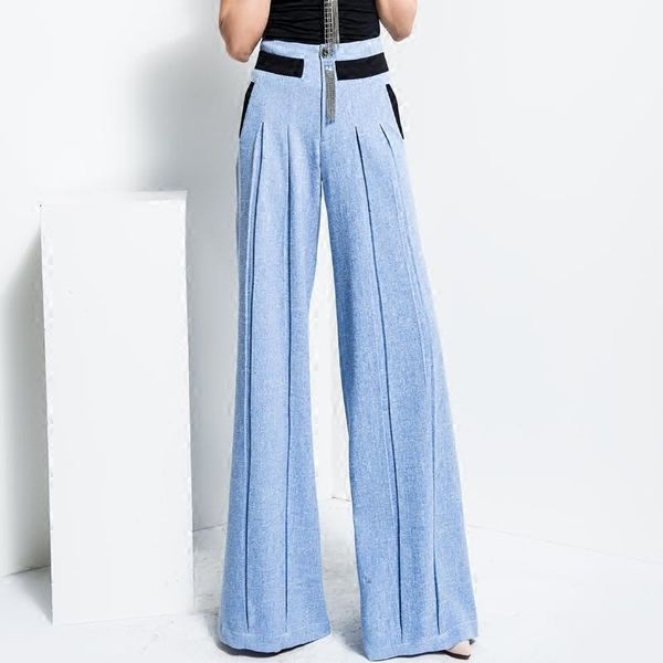 

women's pants & capris women solid color straight blue high waist streetwear casual fashion wholesale wide leg plus size trousersmk0018, Black;white