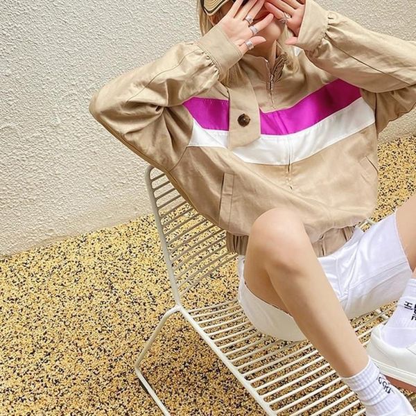 

women's jackets women jacket 2021 early autumn color matching long-sleeved stand-up collar pocket zipper baseball uniform short, Black;brown