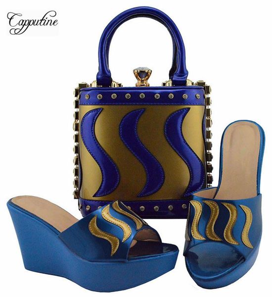 

high class royal blue with gold wedge heel slipper shoes and handbag set nice pumps bag for lady md005 dress, Black