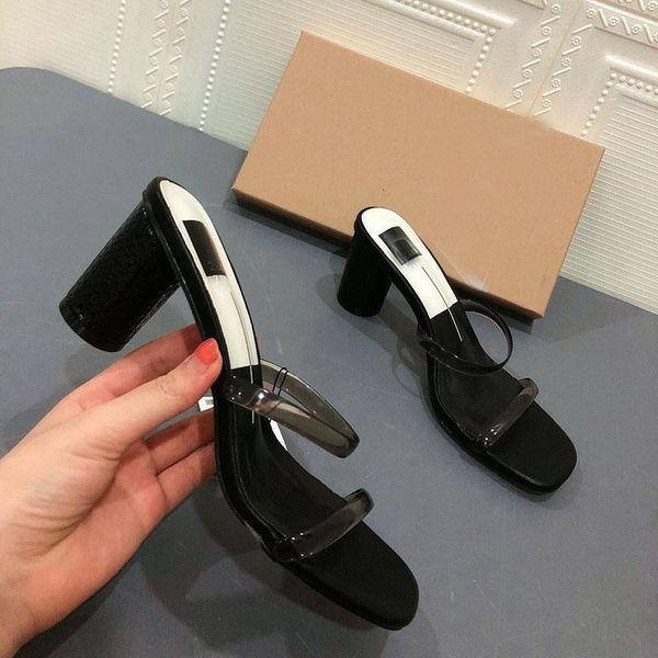 

summer 2021 pvc women slippers high thick heel lady's slide sandals one tworld belt for, Black