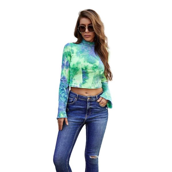 

women's t-shirt fashion women long sleeve tie-dye print stylish high collar crop for ladies, White