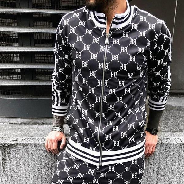 

men casual zipper set autumn colorful plaid tracksuit male sweatshirt pocket fashion jackets sets mens men's tracksuits, Gray