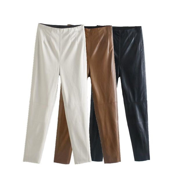

women's pants & capris za 2021 autumn fitting faux leather women high waist pleat vintage trousers woman elegant highstreet leatherette, Black;white