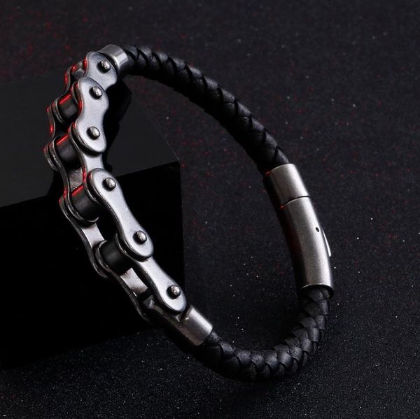 

bangle fashion punk motorcycle chain personality woven leather bracelet for men jewelry, Black
