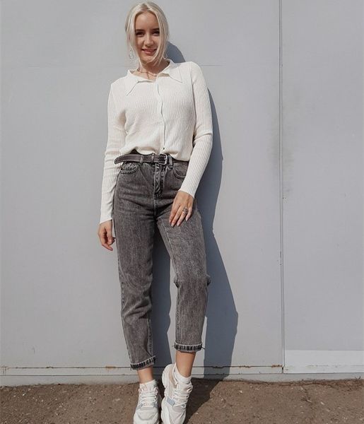 

vintage straight high waist women boyfriend mom street denim with belt 2021 loose plus size jeans mujer retro, Blue