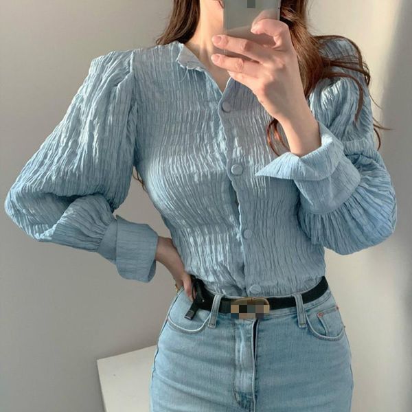 

women's chic autumn elegant o-neck pleated femme blusas single breasted all-match blouse solid color lantern sleeve shirt 383 blouses &, White