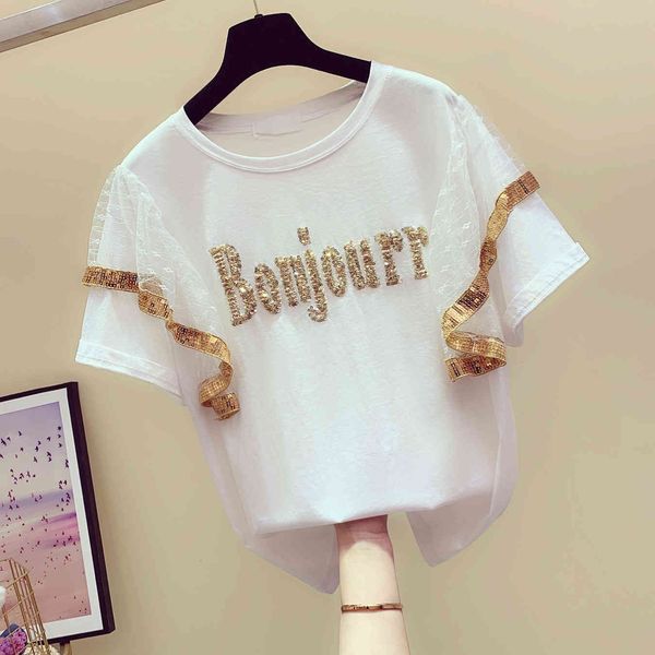 

tee white tshirt sequined mesh stitching short sleeve cotton women t-shirt clothes